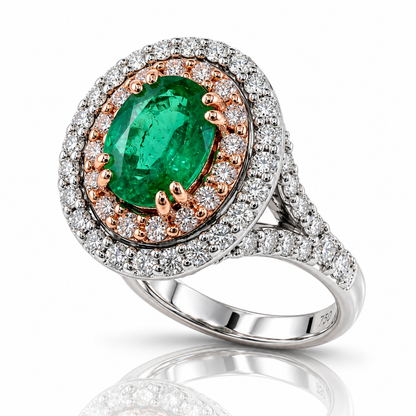 Anello con diamanti ct 0,75 e smeraldo ct 0,75 in oro bianco e rosa 18kt (750) certificazione gemmologica Gem Tech