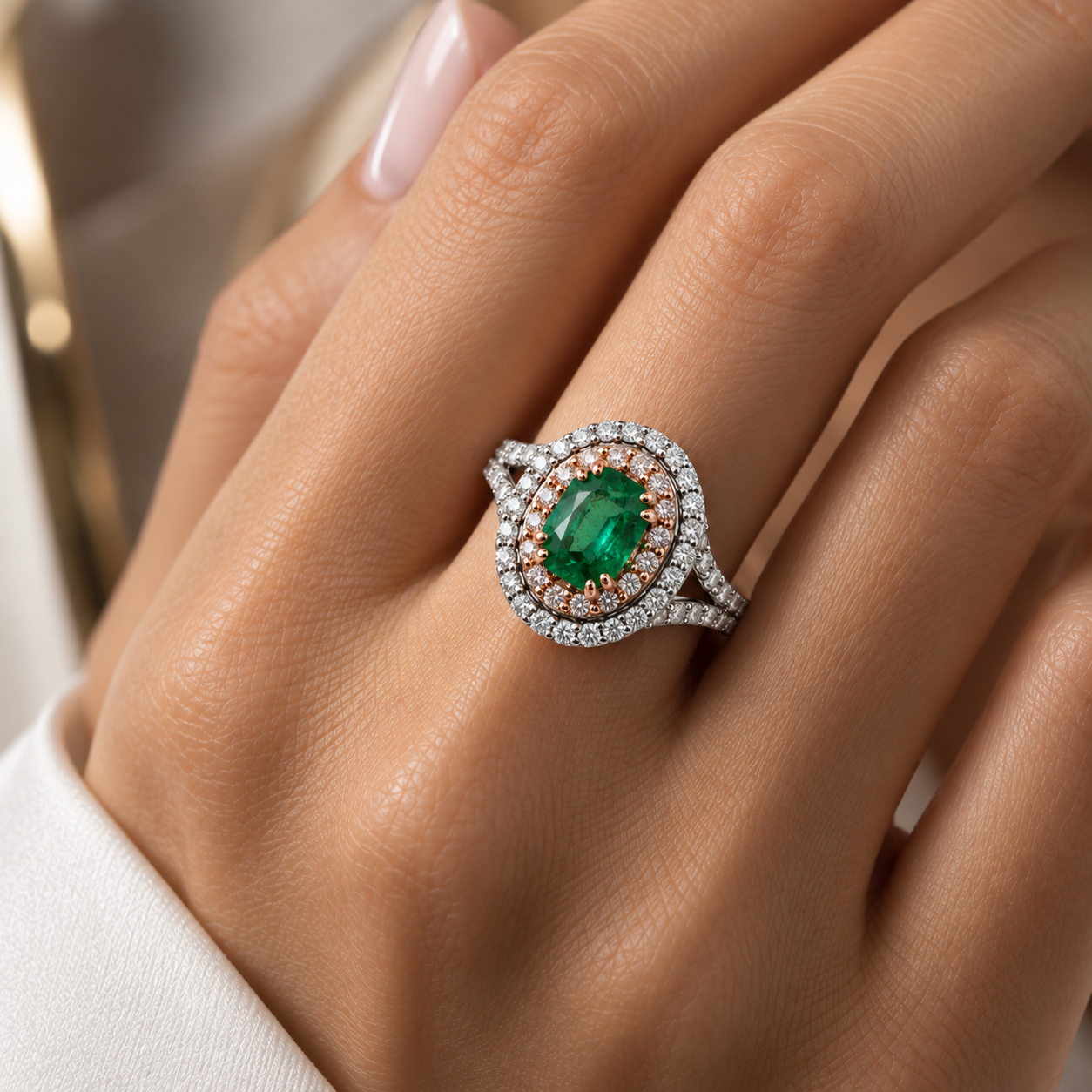 Anello con diamanti ct 0,75 e smeraldo ct 0,75 in oro bianco e rosa 18kt (750) certificazione gemmologica Gem Tech