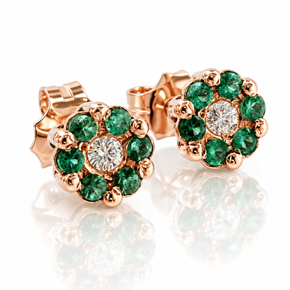 Orecchini floreali con diamanti ct 0,10 e smeraldi ct 0,30 in oro rosa 18 kt (750)