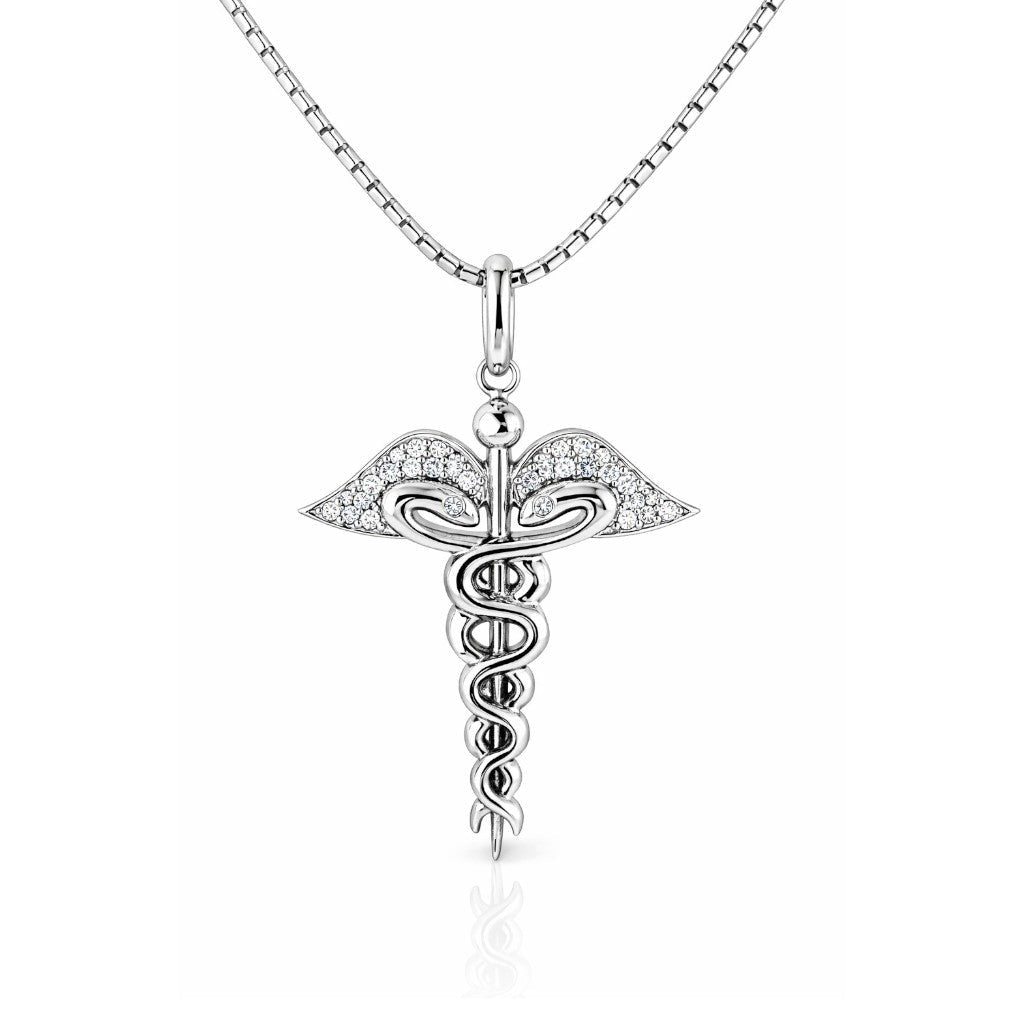 Collana con pendente "Croce Caduceo" e Diamanti ct 0,20 in oro bianco 18kt (750)