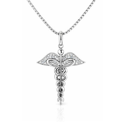 Collana con pendente "Croce Caduceo" e Diamanti ct 0,20 in oro bianco 18kt (750)