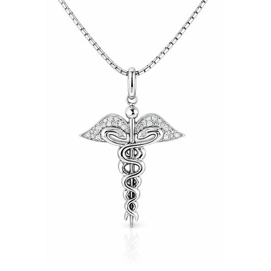 Collana con pendente "Croce Caduceo" e Diamanti ct 0,20 in oro bianco 18kt (750)