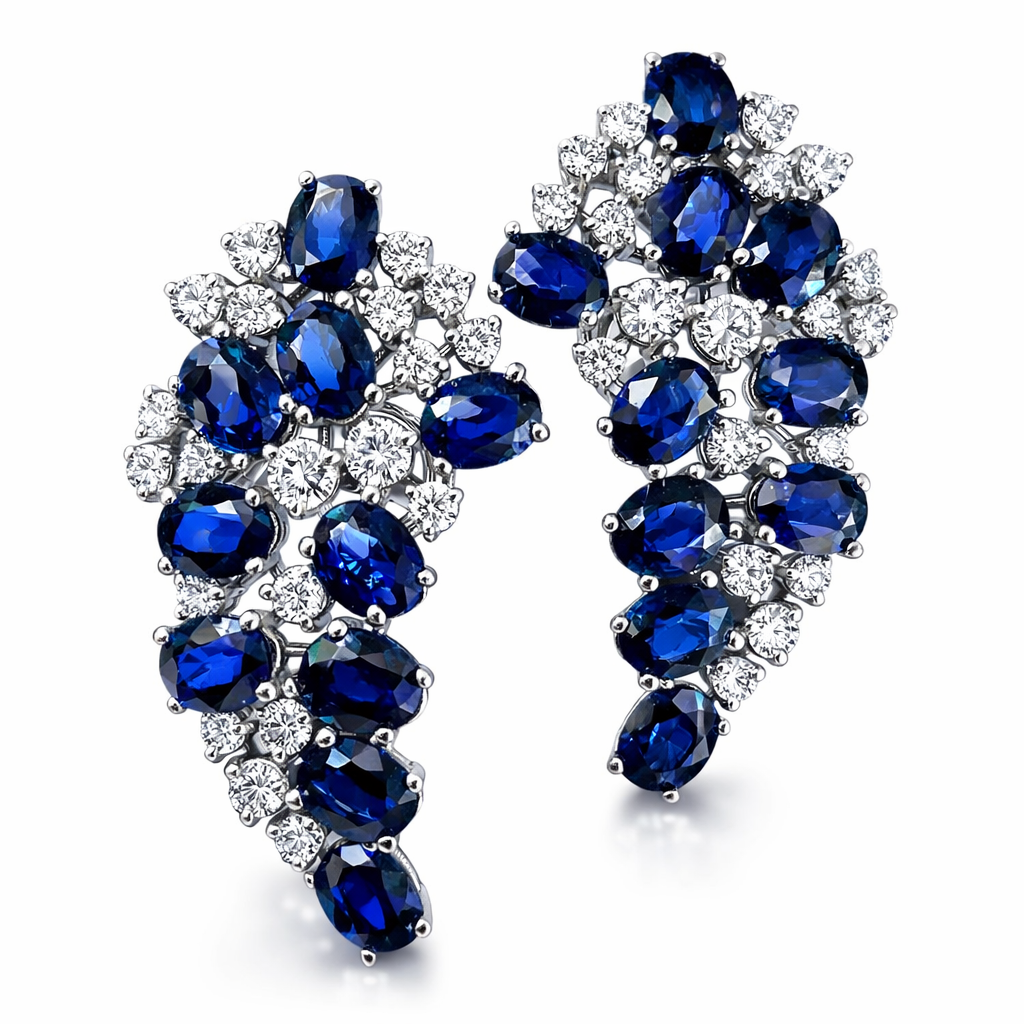 Orecchini pendenti con Zaffiro e Diamanti in oro bianco 18kt (750) certificato Gem Tech