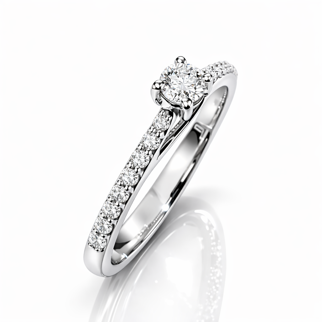 Anello solitario con diamante centrale ct 0,15 e diamanti laterali ct 0,15 in oro bianco 18kt (750) certificato HRD Antwerp