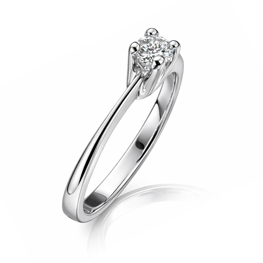 Anello solitario mod. Tiffany con diamante ct 0,14 in oro bianco 18kt (750) certificato HRD Antwerp