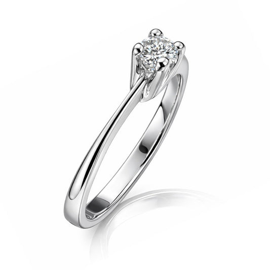 Anello solitario mod. Tiffany con diamante ct 0,14 in oro bianco 18kt (750) certificato HRD Antwerp