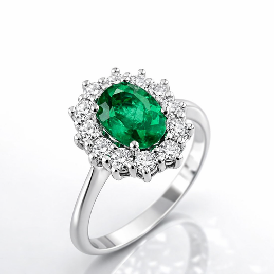 Anello con diamanti da ct 0,34 e smeraldo da ct 0,92 in oro Bianco 18kt (750) con certificato HRD Antwerp