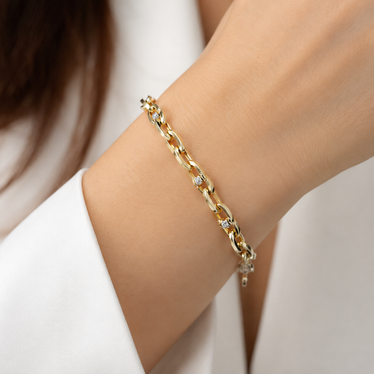 Bracciale catena maglie traversino in oro giallo e bianco 18kt (750) - 8 gr - Oreficeria