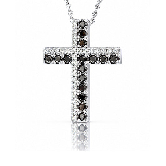 Collana croce diamanti bianchi ct 0,28 e diamanti neri ct 0,32 in oro bianco 18kt (750)