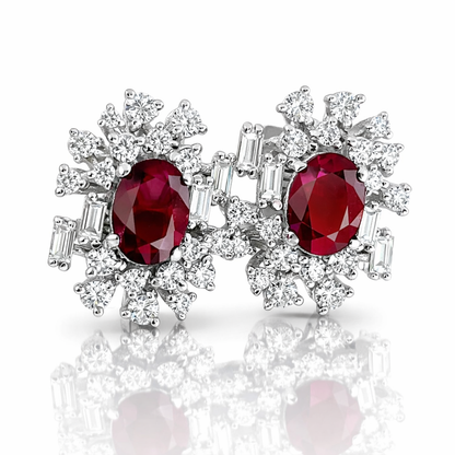 Orecchini bottone con Rubini ct 2,00 e Diamanti ct 1,40 in oro bianco 18kt (750) certificato GEM-TECH