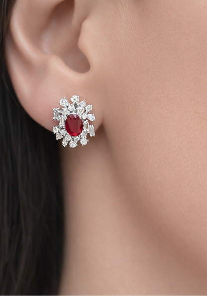 Orecchini bottone con Rubini ct 2,00 e Diamanti ct 1,40 in oro bianco 18kt (750) certificato GEM-TECH