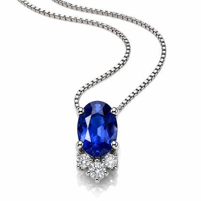 Collana pendente zaffiro ovale ct 0,61 e diamanti ct 0,04 in oro bianco 18kt (750)
