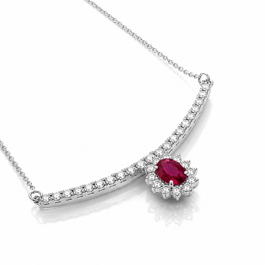 Collana "sorriso" pendente con rubino ct 0,57 e diamanti ct 0,52 in oro bianco 18kt (750)