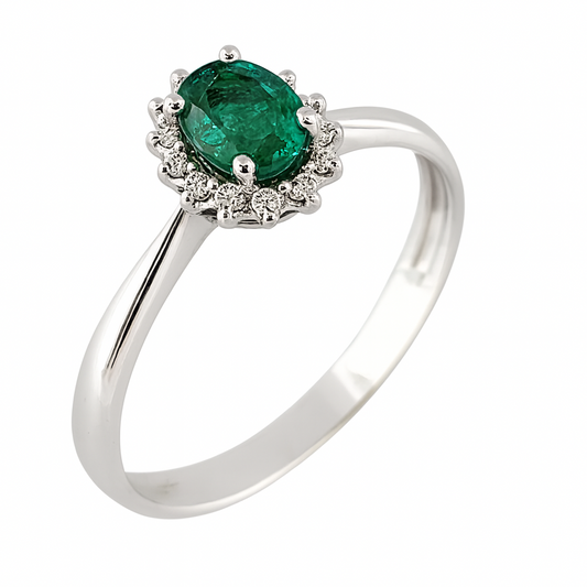 Anello in oro bianco 18k con Smeraldo Ovale ct 0,40 e Diamanti ct 0,10