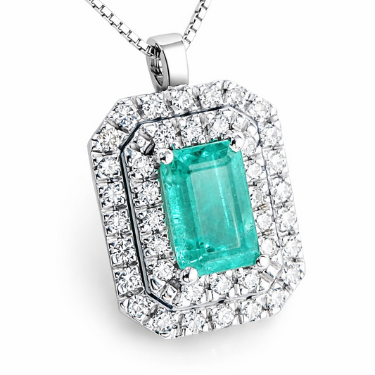 Collana pendente ottagonale con Diamanti 0,40 ct e Smeraldo 0,70 ct in oro bianco 18kt (750)