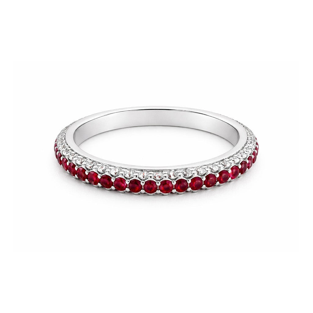Anello riviera a giro 3 fili con Diamanti ct 0,73 e Rubini ct 1,00 in oro bianco 18kt (750)