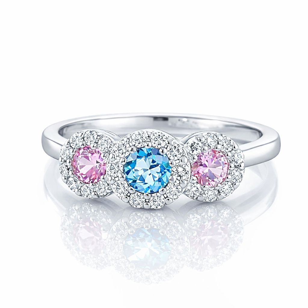 Anello trilogy zaffiro rosa ct 0,23 acquamarina ct 0,12 e diamanti bianchi ct. 0,28 oro bianco 18kt (750)