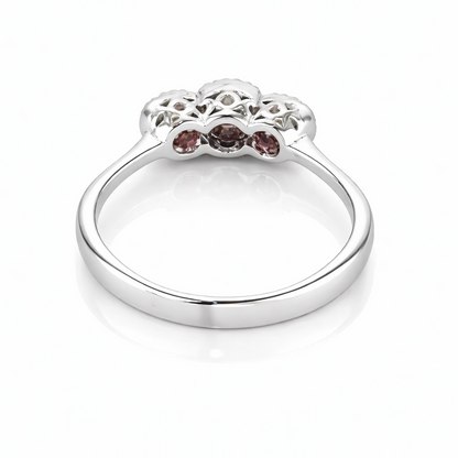 Anello trilogy zaffiro rosa ct 0,23 acquamarina ct 0,12 e diamanti bianchi ct. 0,28 oro bianco 18kt (750)