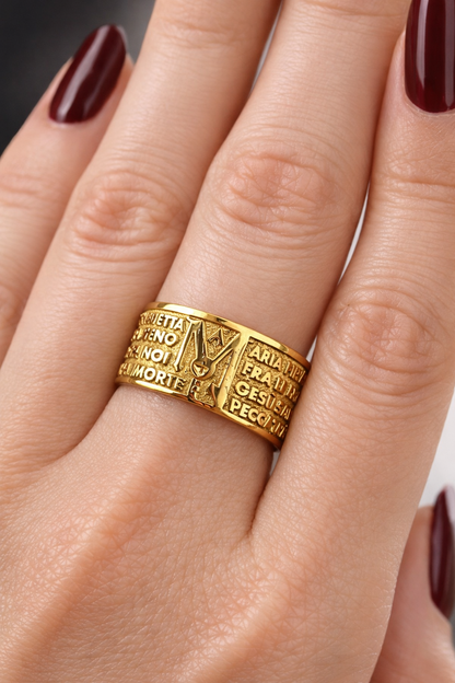 Anello Fascia larga in oro 18kt (750) - 3.97gr - con Ave Maria a rilievo - Oreficeria