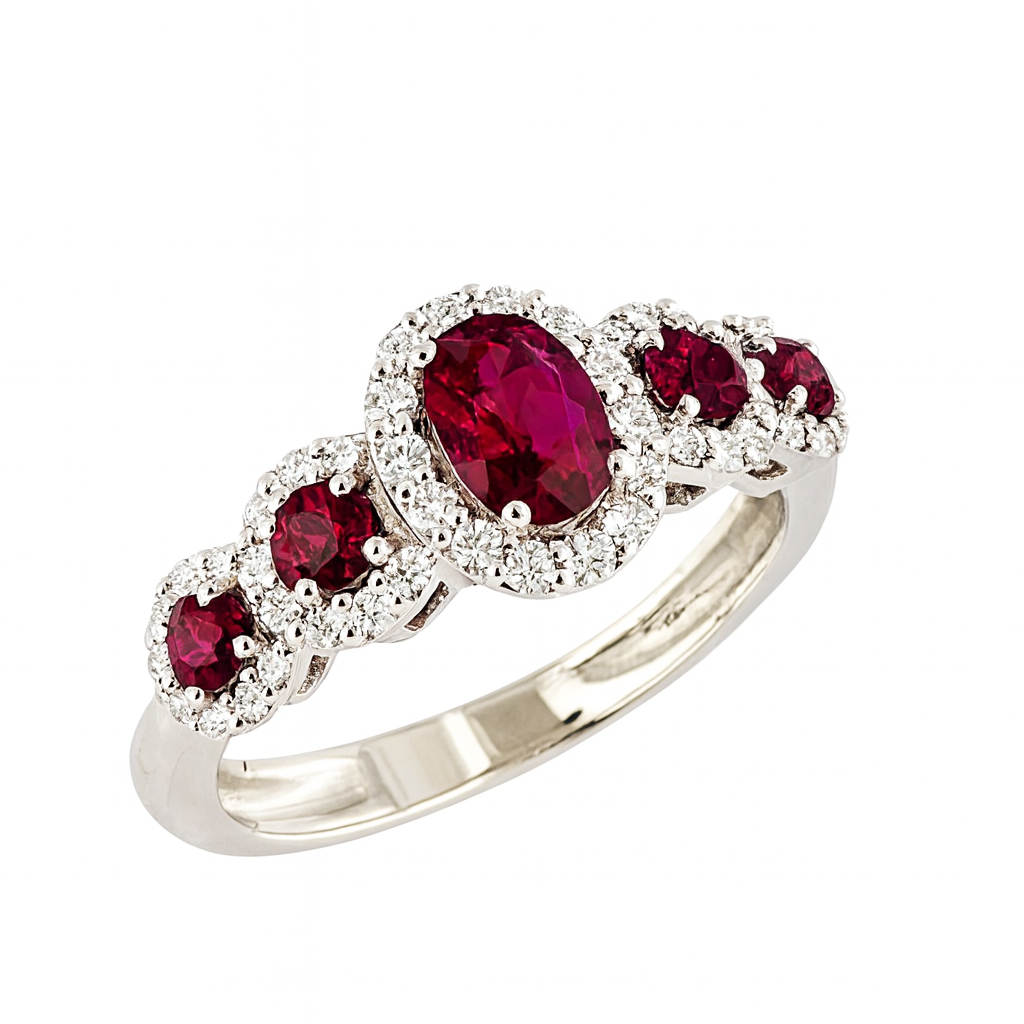 Anello veretta in Oro bianco 18k con Diamanti ct 0,32 e Rubini ct 0,74