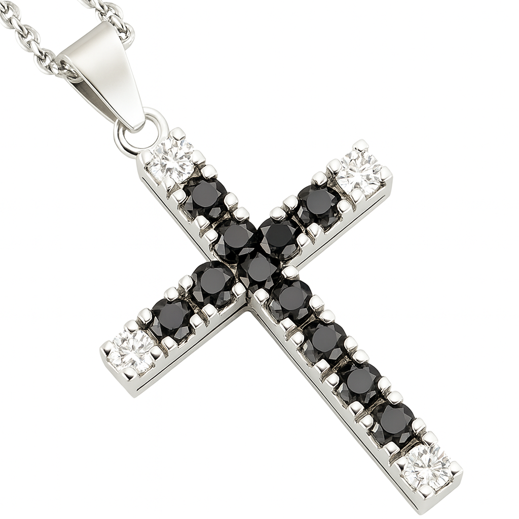 Collana Croce in Oro Bianco 18k con Diamanti bianchi ct 0,25 Diamanti Neri ct 1,07