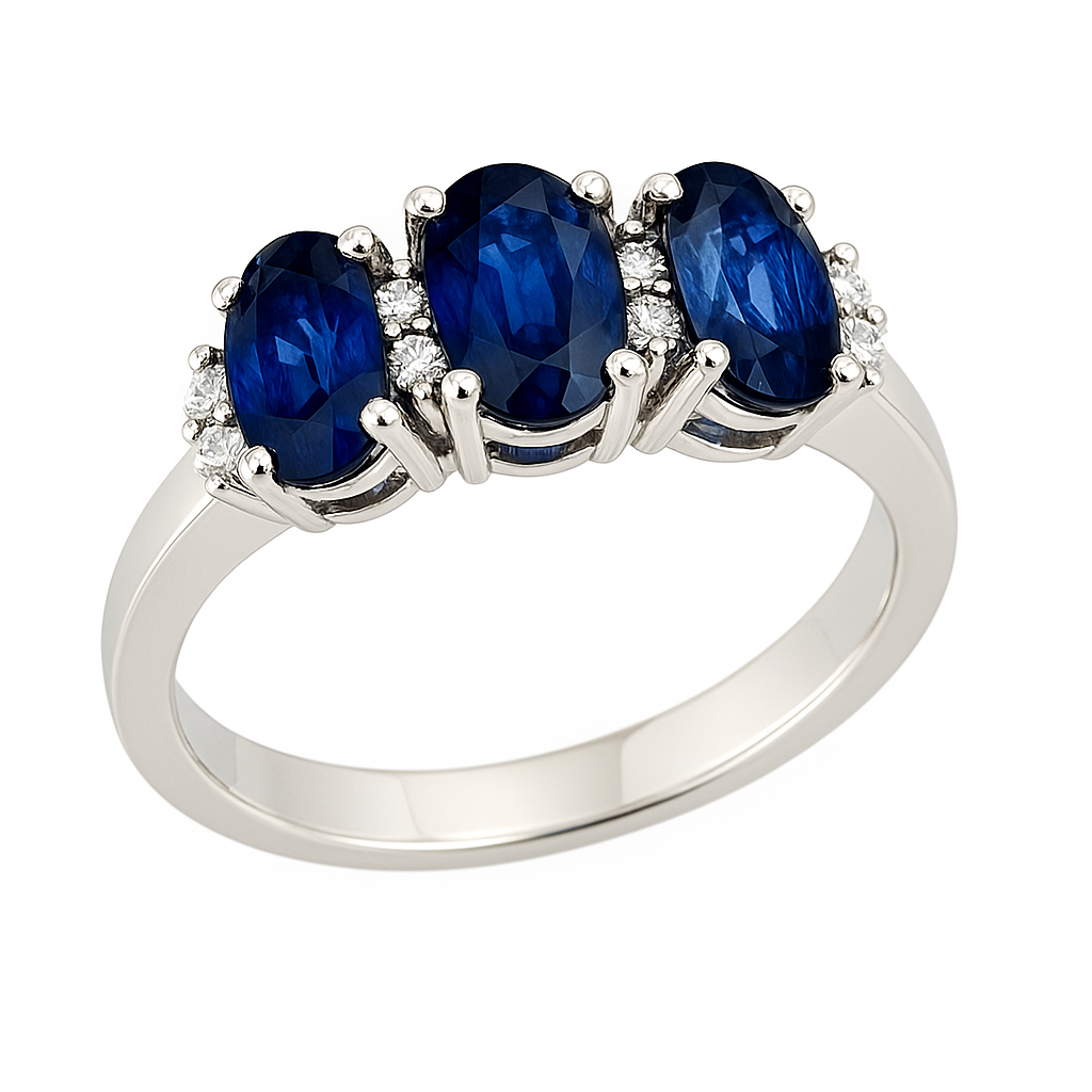 Anello trilogy in oro bianco 18kt con zaffiri ovali ct 0,89 e Diamanti ct 0,09