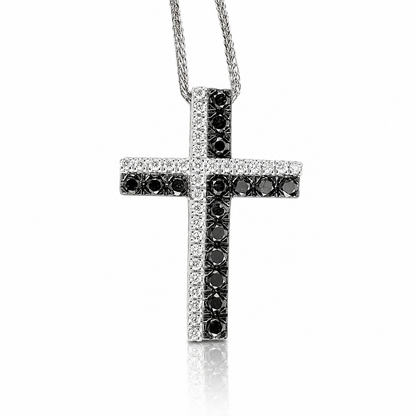 Collana Croce con diamanti bianchi ct 0,15 e neri ct 0,48 in oro bianco 18kt (750)