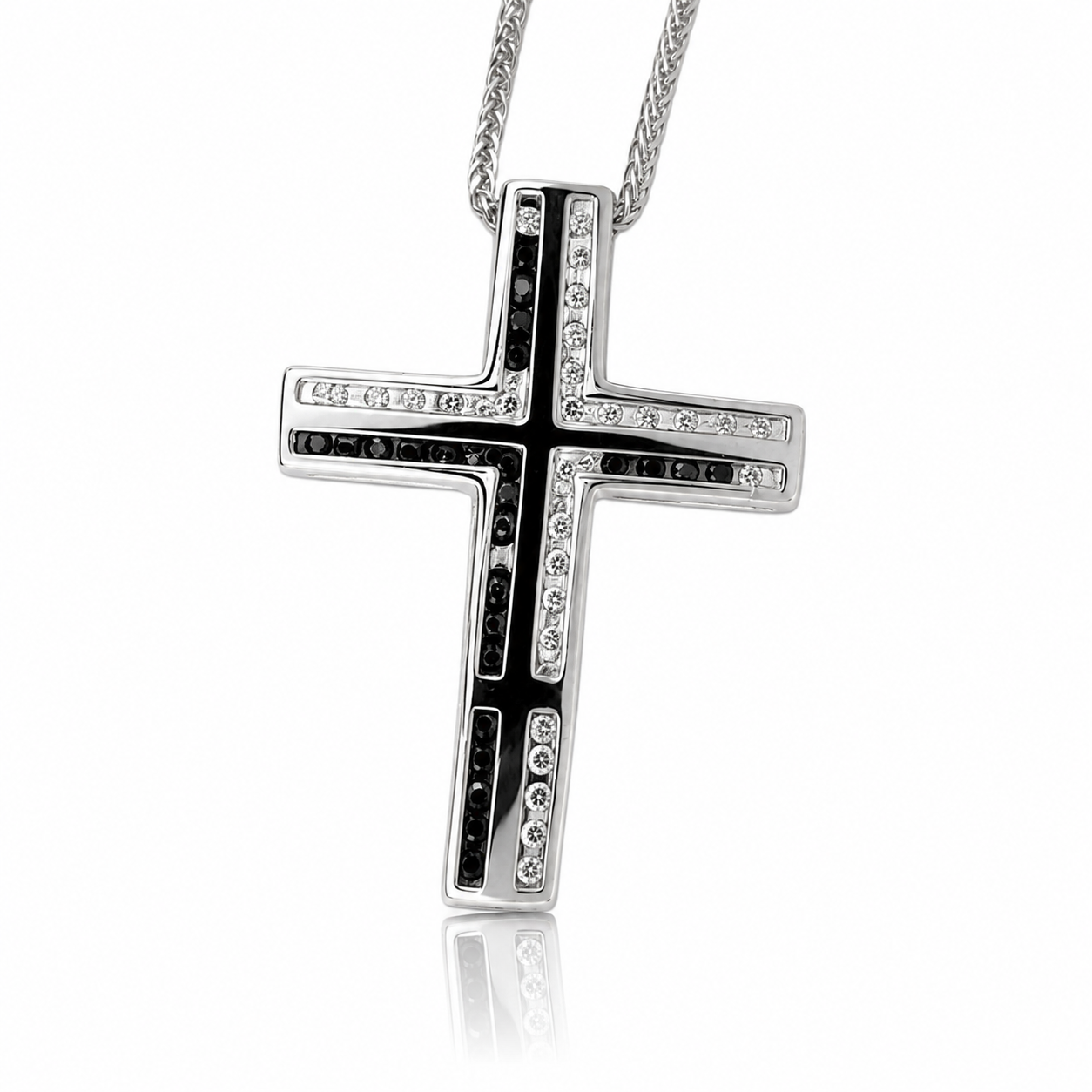 Collana Croce con diamanti bianchi ct 0,15 e neri ct 0,48 in oro bianco 18kt (750)