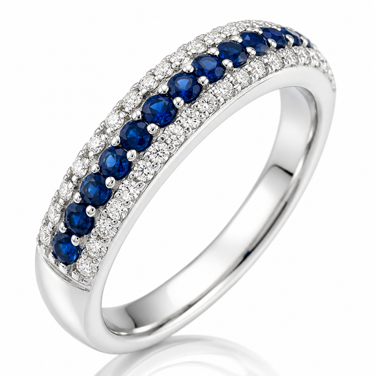 Anello veretta diamanti ct 0,20 zaffiro ct 0,32 in oro bianco 18kt (750)