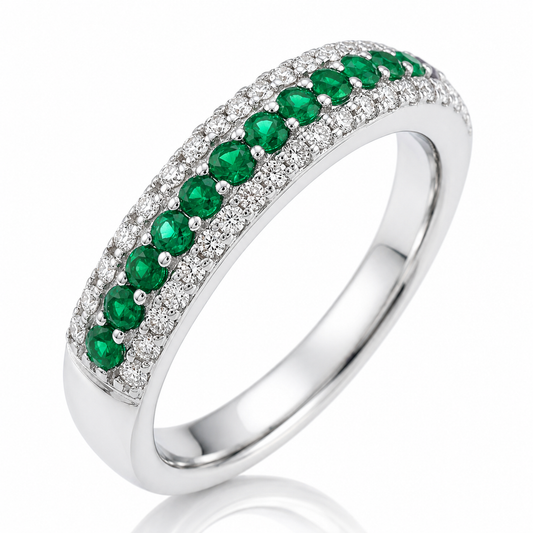 Anello veretta diamanti ct 0,22 smeraldi ct 0,23 in oro bianco 18kt (750)