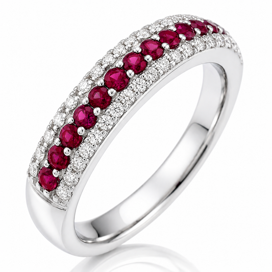 Anello veretta diamanti ct 0,21 rubini ct 0,34 in oro bianco 18kt (750)