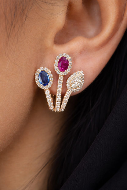 Orecchini con Diamanti ct 2,55 Rubino ct 1,59 e Zaffiro blu ct 1,10 in oro rosa 18kt (750)