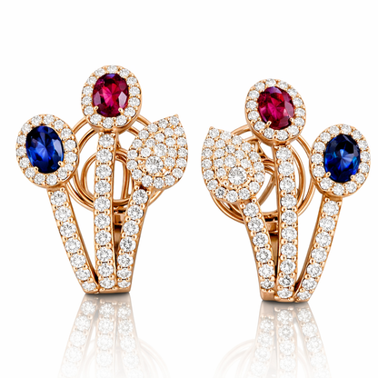 Orecchini con Diamanti ct 2,55 Rubino ct 1,59 e Zaffiro blu ct 1,10 in oro rosa 18kt (750)