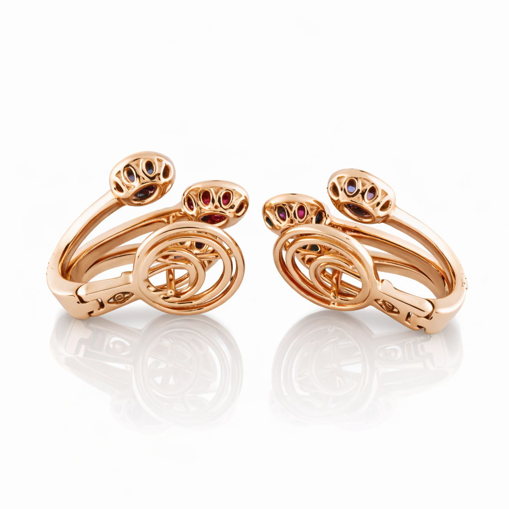 Orecchini con Diamanti ct 2,55 Rubino ct 1,59 e Zaffiro blu ct 1,10 in oro rosa 18kt (750)