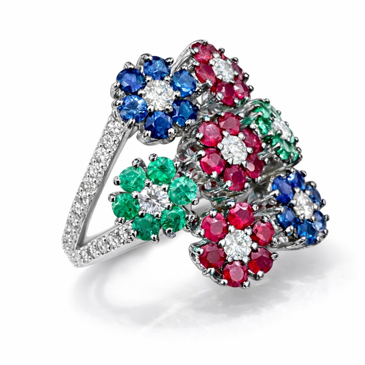 Anello Astralia collezione "Sanremo" con Diamanti 0,70 ct e Gemme preziose 1,70 ct in oro bianco 18 kt (750)