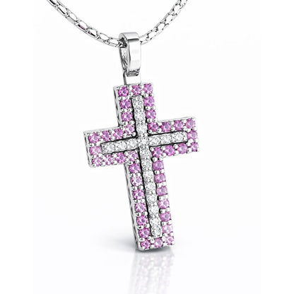 Collana con croce con diamanti bianchi ct 0,10 e Zaffiri Rosa ct 0,58  in oro bianco 18kt (750)