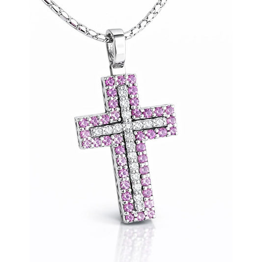 Collana con croce con diamanti bianchi ct 0,10 e Zaffiri Rosa ct 0,58  in oro bianco 18kt (750)