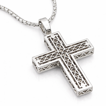 Collana con croce con diamanti bianchi ct 0,10 e Zaffiri Rosa ct 0,58  in oro bianco 18kt (750)