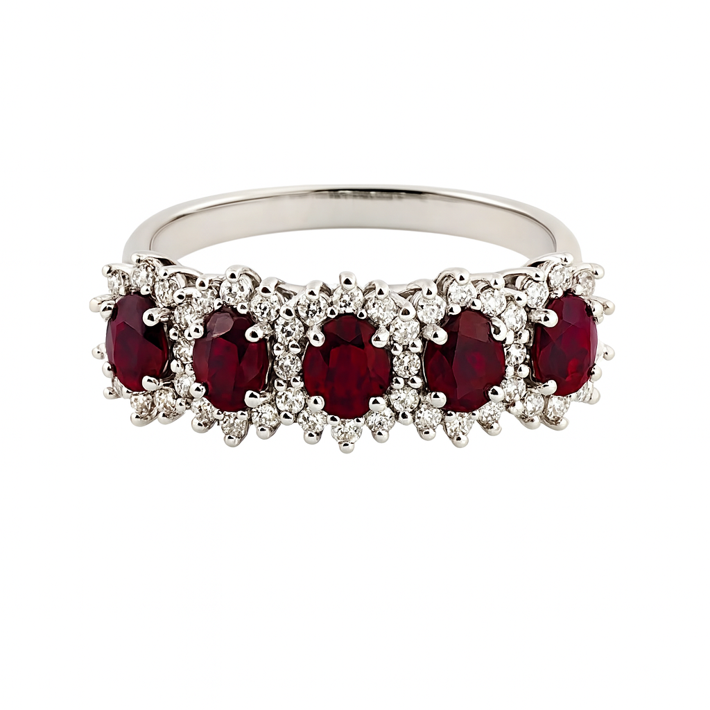 Anello veretta in Oro bianco 18kt con rubino ovale ct 1,25 e Diamanti ct 0,32