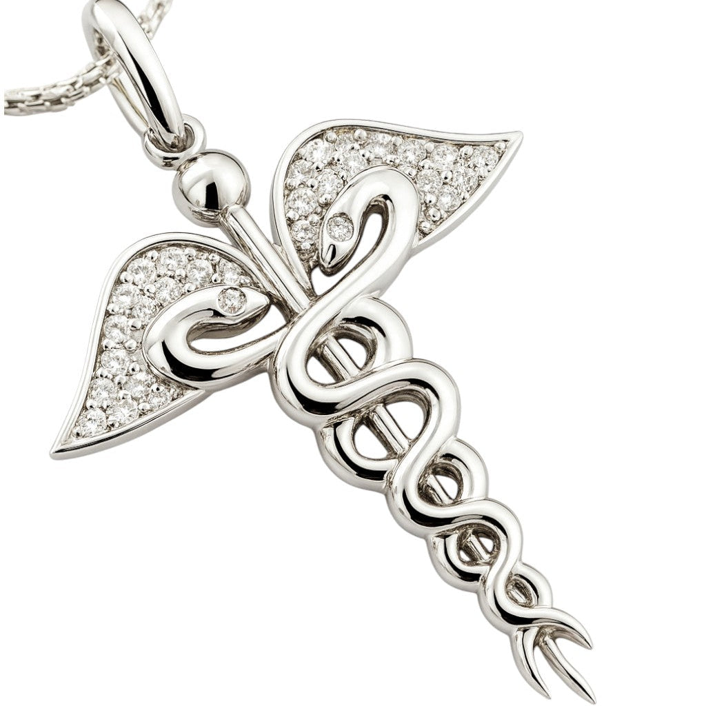 Collana con pendente "Croce Caduceo" e Diamanti ct 0,20 in oro bianco 18kt (750)