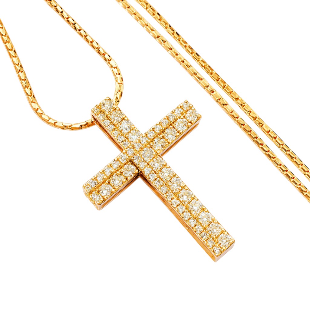 Collana cobra con pendente Croce in Oro Giallo 18K con Diamanti ct 0,80