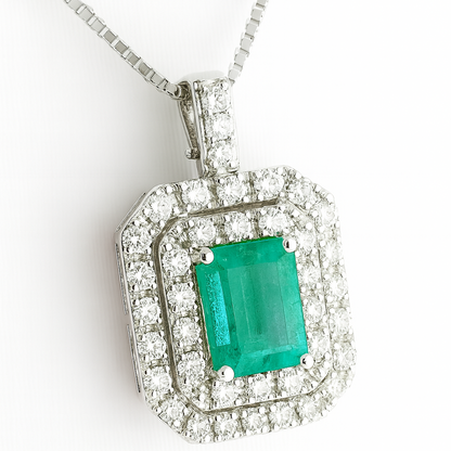 Collana pendente ottagonale in oro bianco 18k con Diamanti 0,40 ct e Smeraldo 0,70 ct