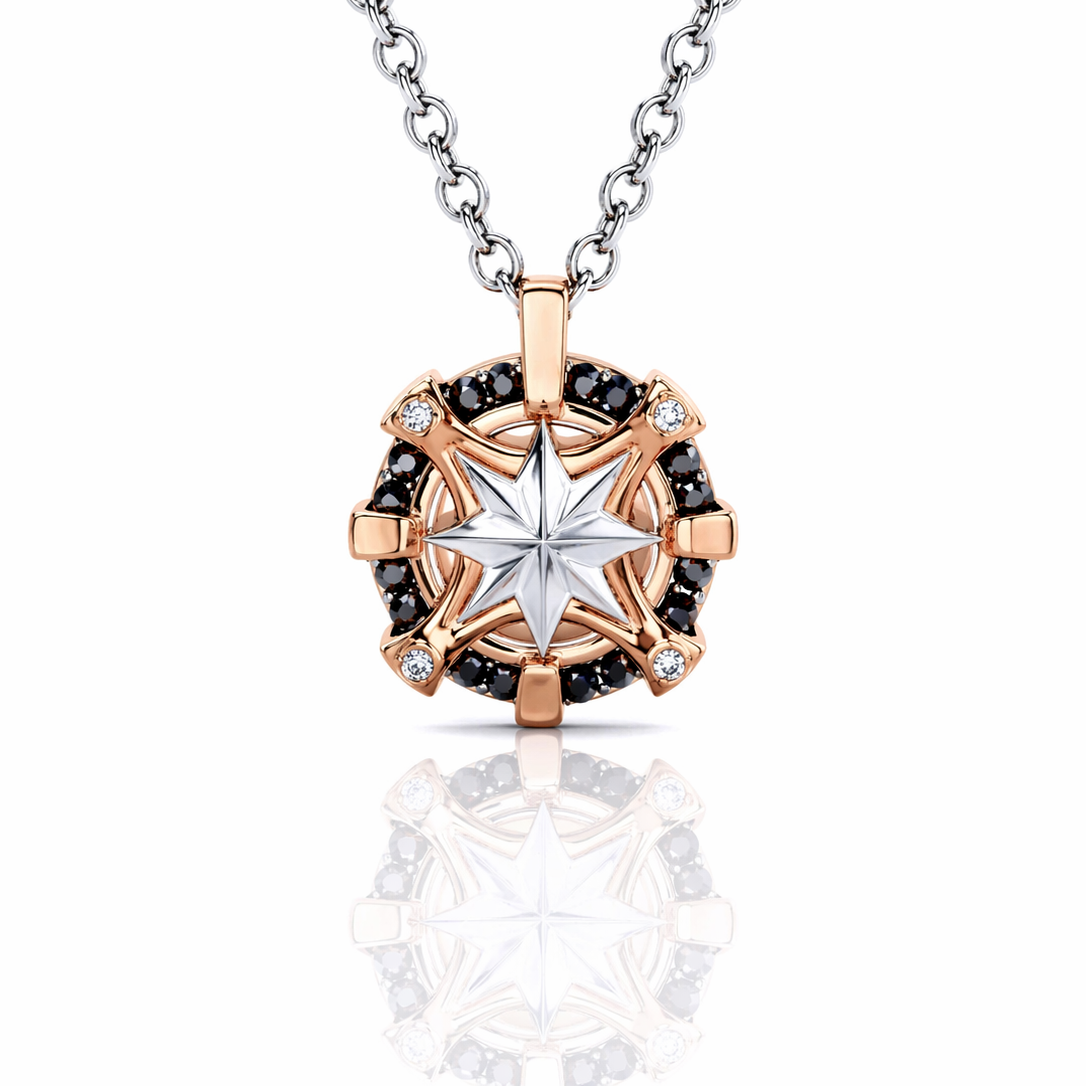 Collana con pendente rosa dei venti diamanti ct 0,16 ed ematite sfaccettata ct 3 in oro bianco e rosa 18kt (750)