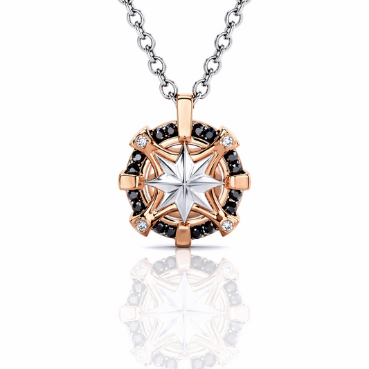 Collana con pendente rosa dei venti diamanti ct 0,16 ed ematite sfaccettata ct 3 in oro bianco e rosa 18kt (750)