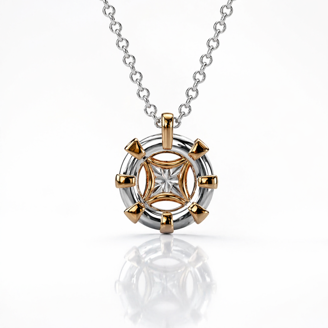 Collana con pendente rosa dei venti diamanti ct 0,16 ed ematite sfaccettata ct 3 in oro bianco e rosa 18kt (750)