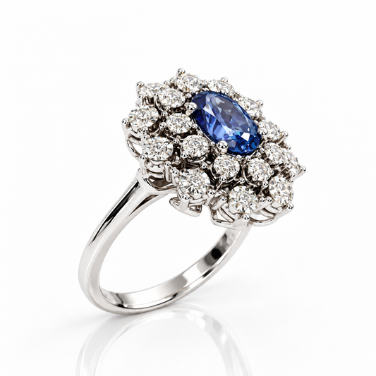 Anello con diamanti ct 0,20 e zaffiro naturale ct 1,05 in oro bianco 18Kt (750)
