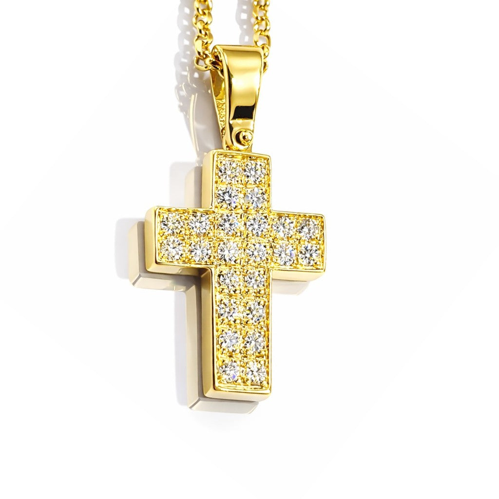 Collana rolò con pendente croce pavé e diamanti 0,40 ct in oro giallo 18kt (750)