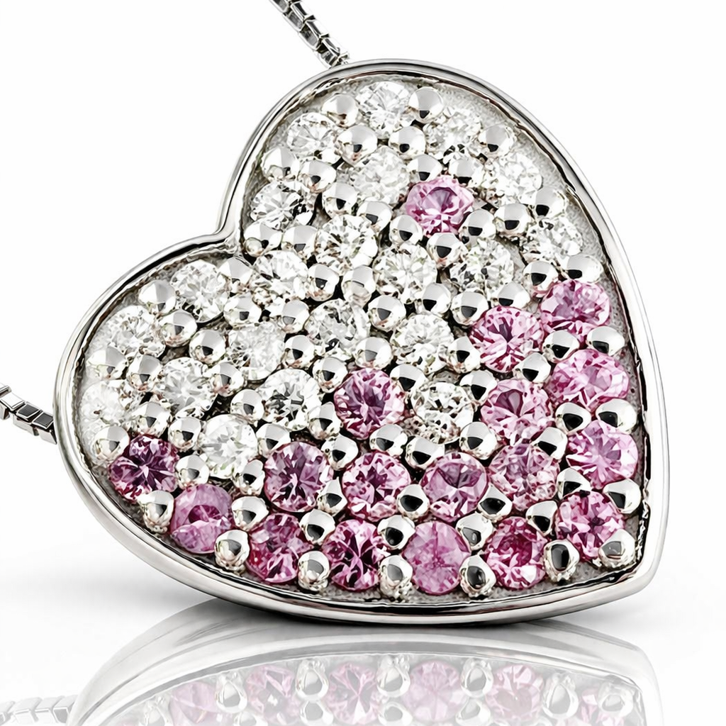 Collana cuore pavé con diamanti 0,25 ct e zaffiro rosa 0,20 ct in oro bianco 18Kt (750)
