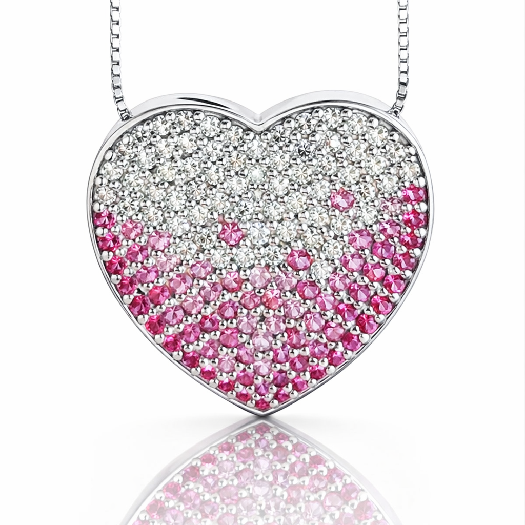 Collana cuore pavé con diamanti 0,71 ct e zaffiro rosa 0,60 ct in oro bianco 18Kt (750)