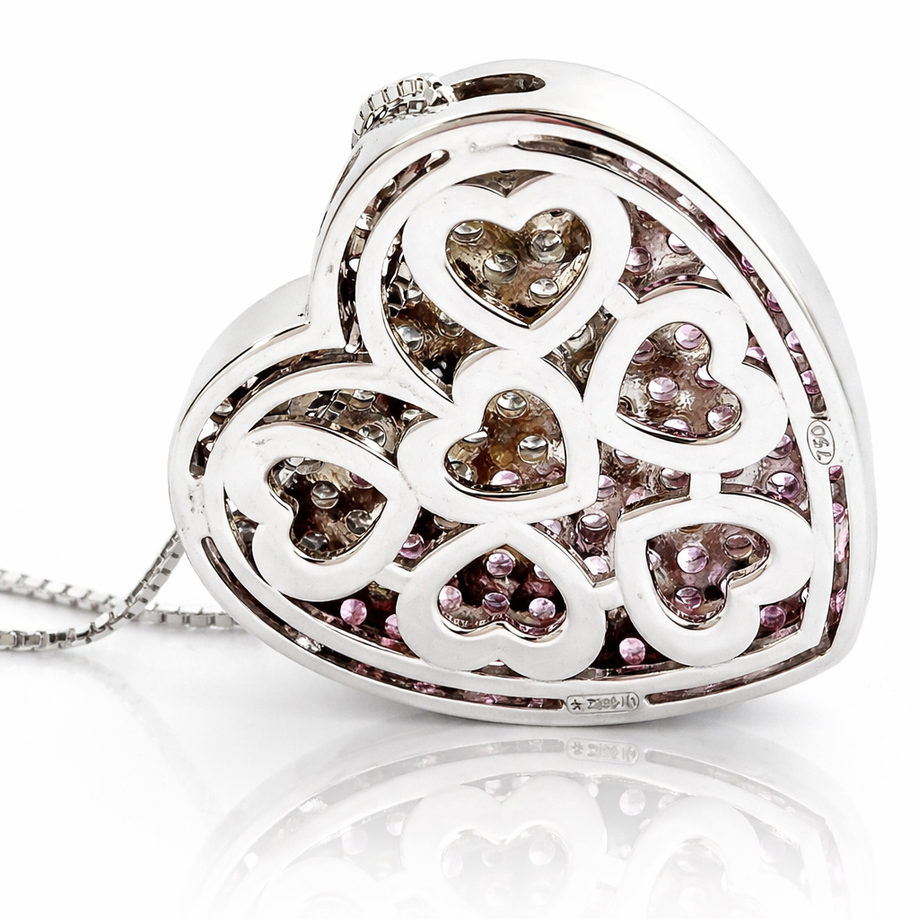 Collana cuore pavé con diamanti 0,71 ct e zaffiro rosa 0,60 ct in oro bianco 18Kt (750)